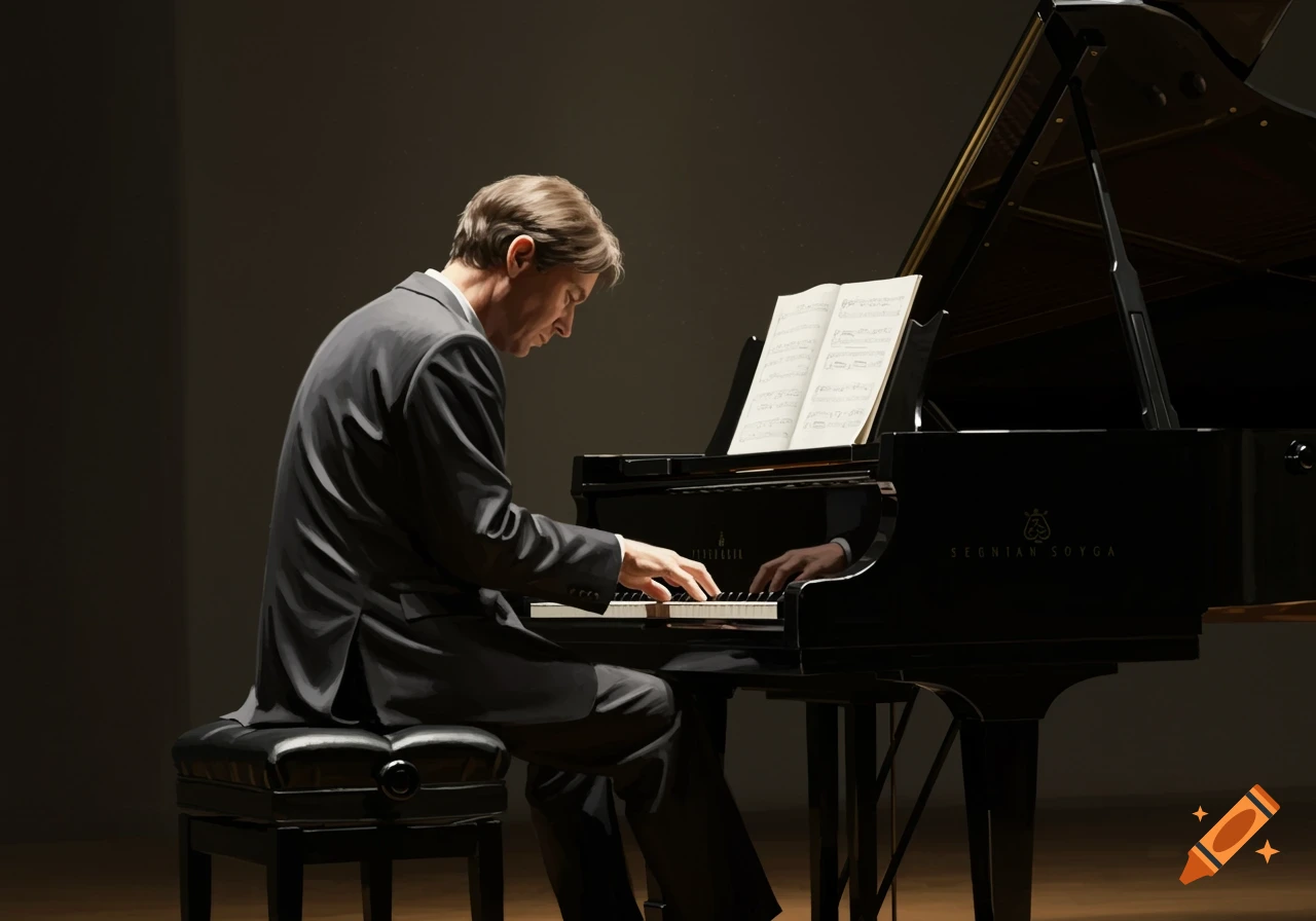 A man in a suit plays a grand piano, seen from behind with sheet music, in a dark room. Painted art style.