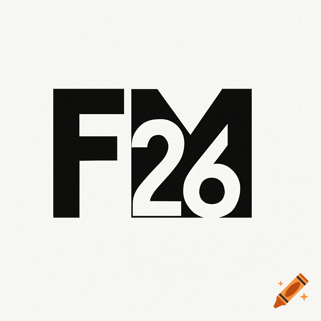 A black and white logo featuring the letters 'FM' with the number '26' formed in the negative space.