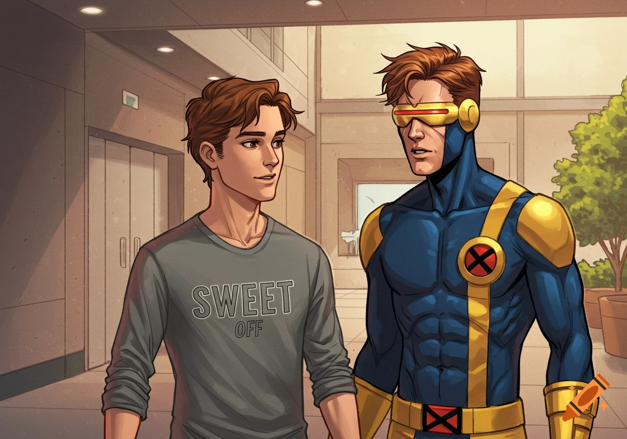 Cyclops in his blue and gold superhero suit stands next to a young man in a grey 'SWEET OFF' shirt, in a comic book style.