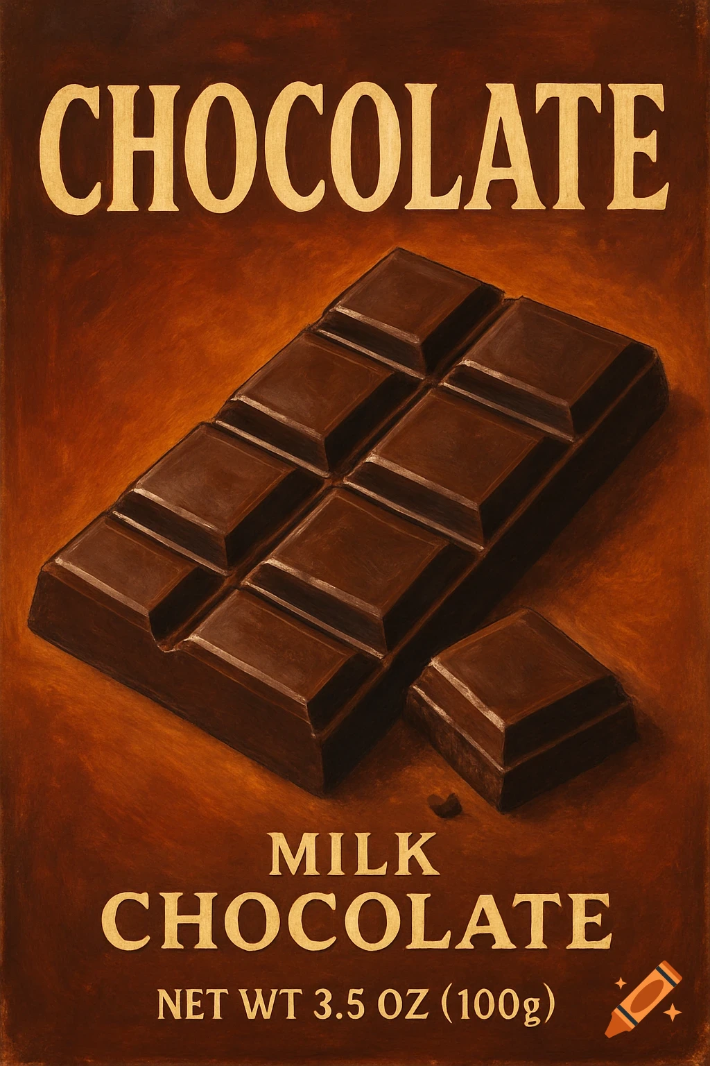 A vintage-style illustration of a large chocolate bar with one square broken off, on a warm brown background. Text reads "CHOCOLATE" and "MILK CHOCOLATE NET WT 3.5 OZ (100g)".