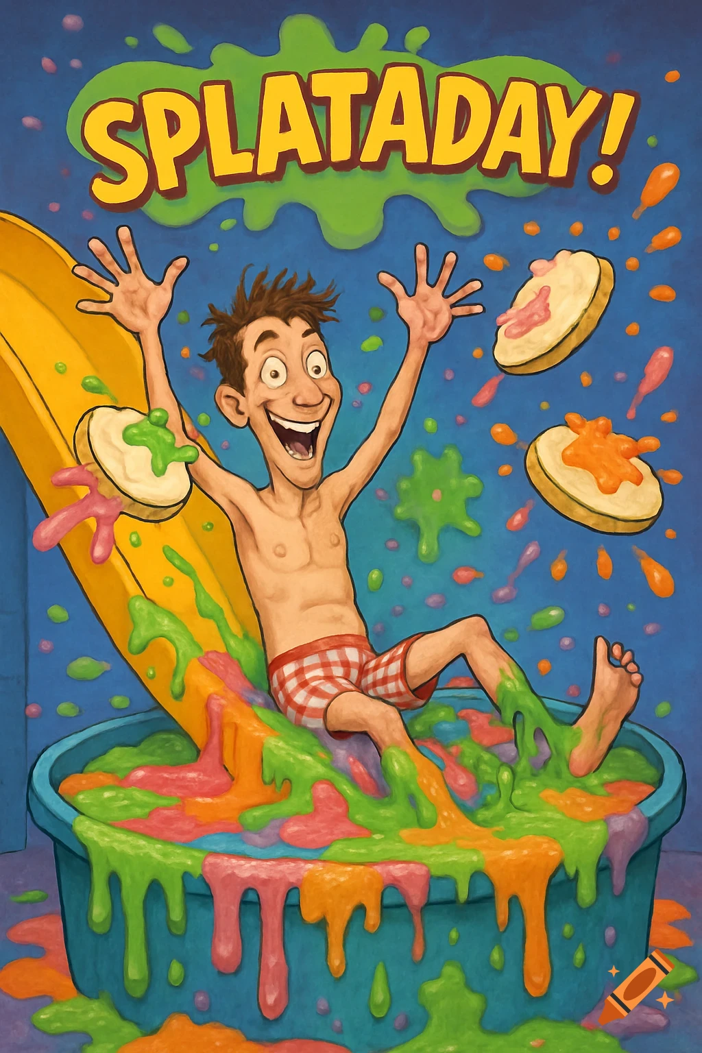A cartoon man in plaid shorts slides down a yellow chute into a blue vat of multi-colored slime, with pies splattering around him. The text "SPLATADAY!" is at the top.