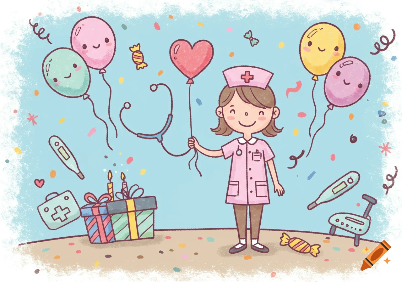 Cartoon illustration of a cheerful nurse holding a heart balloon, surrounded by birthday gifts, smiling balloons, and medical items.
