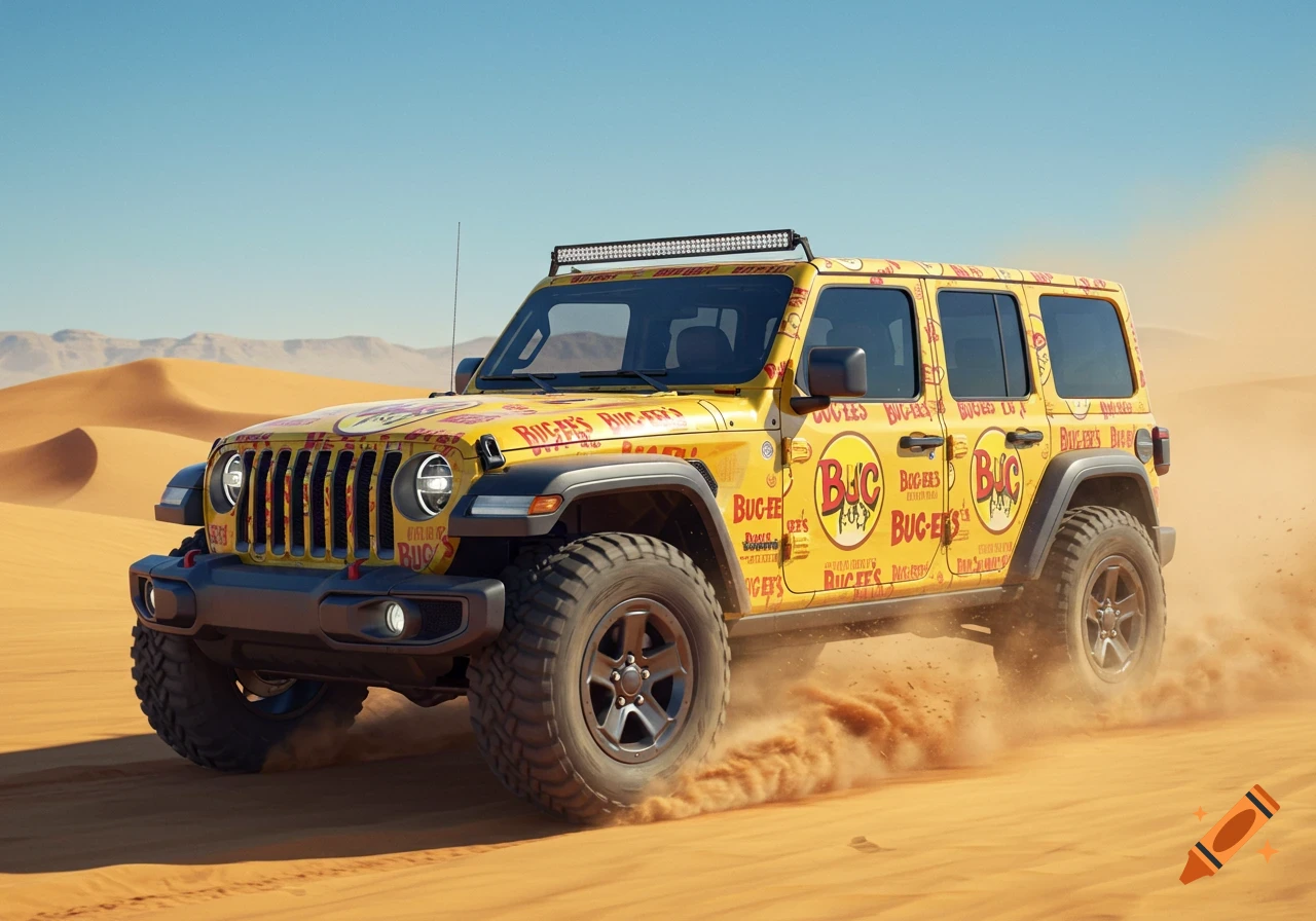 Photorealistic yellow Jeep covered in Buc-ee's logos drives through a sunny desert with sand dunes.