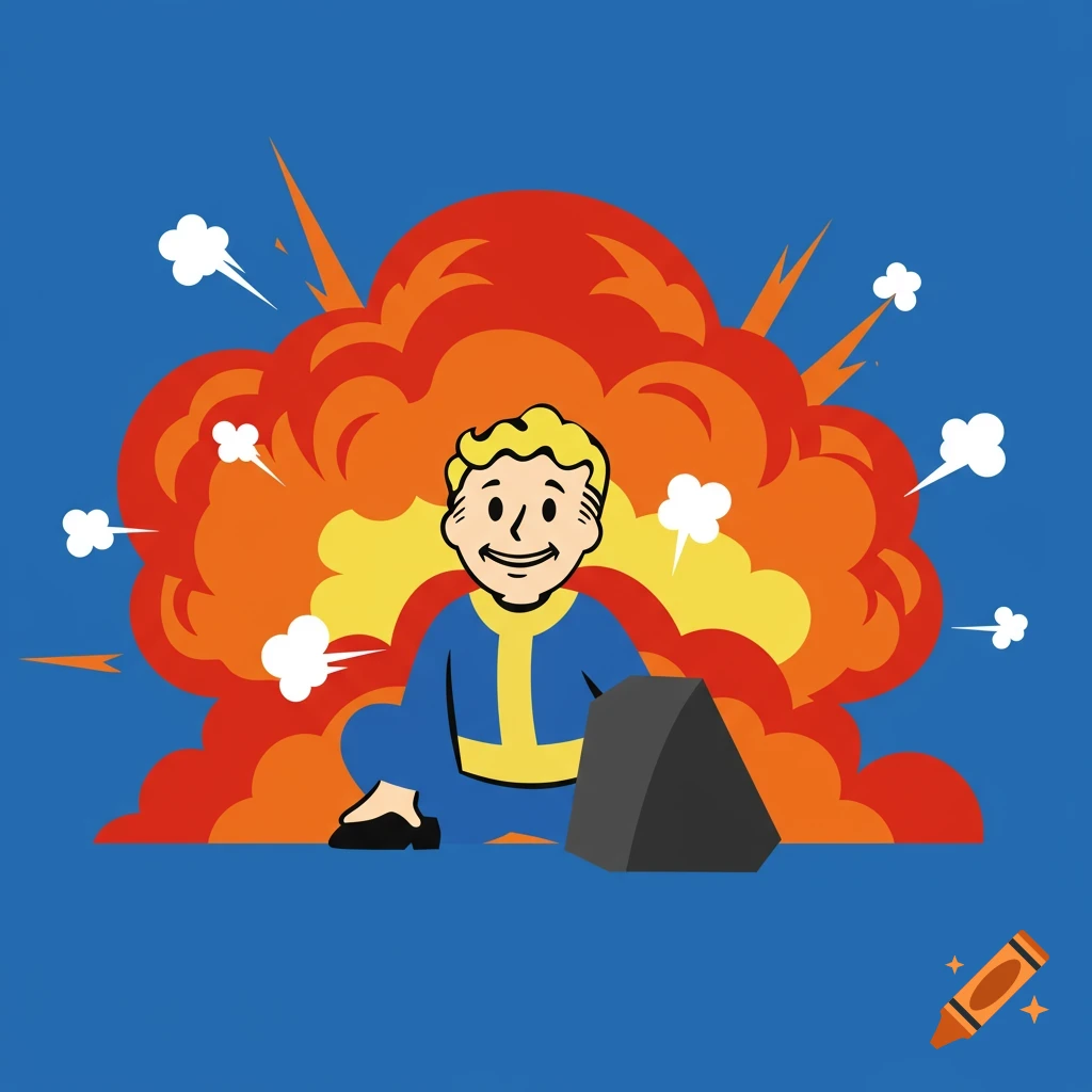 Vault Boy character from Fallout crouching behind a grey object as a large orange and red explosion goes off behind him, on a blue background.
