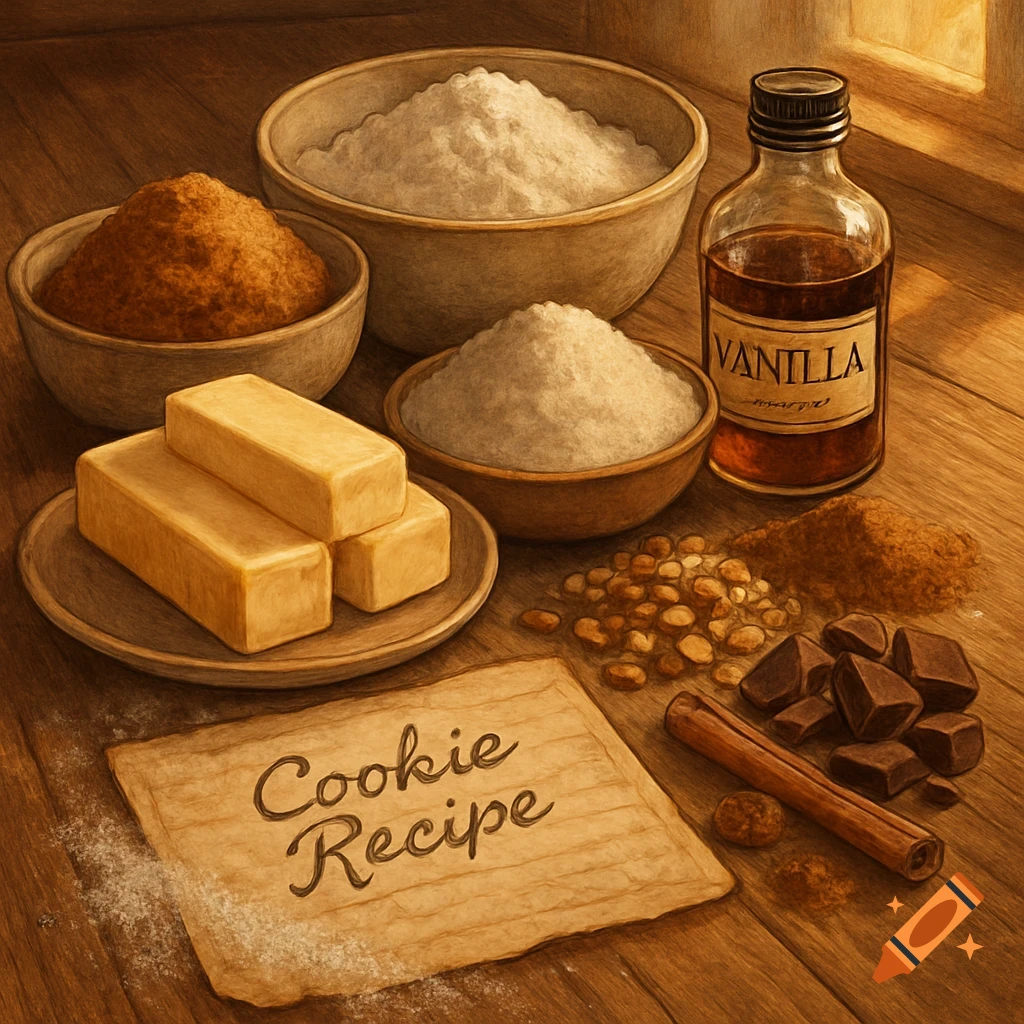 Photorealistic still life of cookie ingredients including flour, sugar, butter, vanilla, chocolate, and a 'Cookie Recipe' paper on wood.