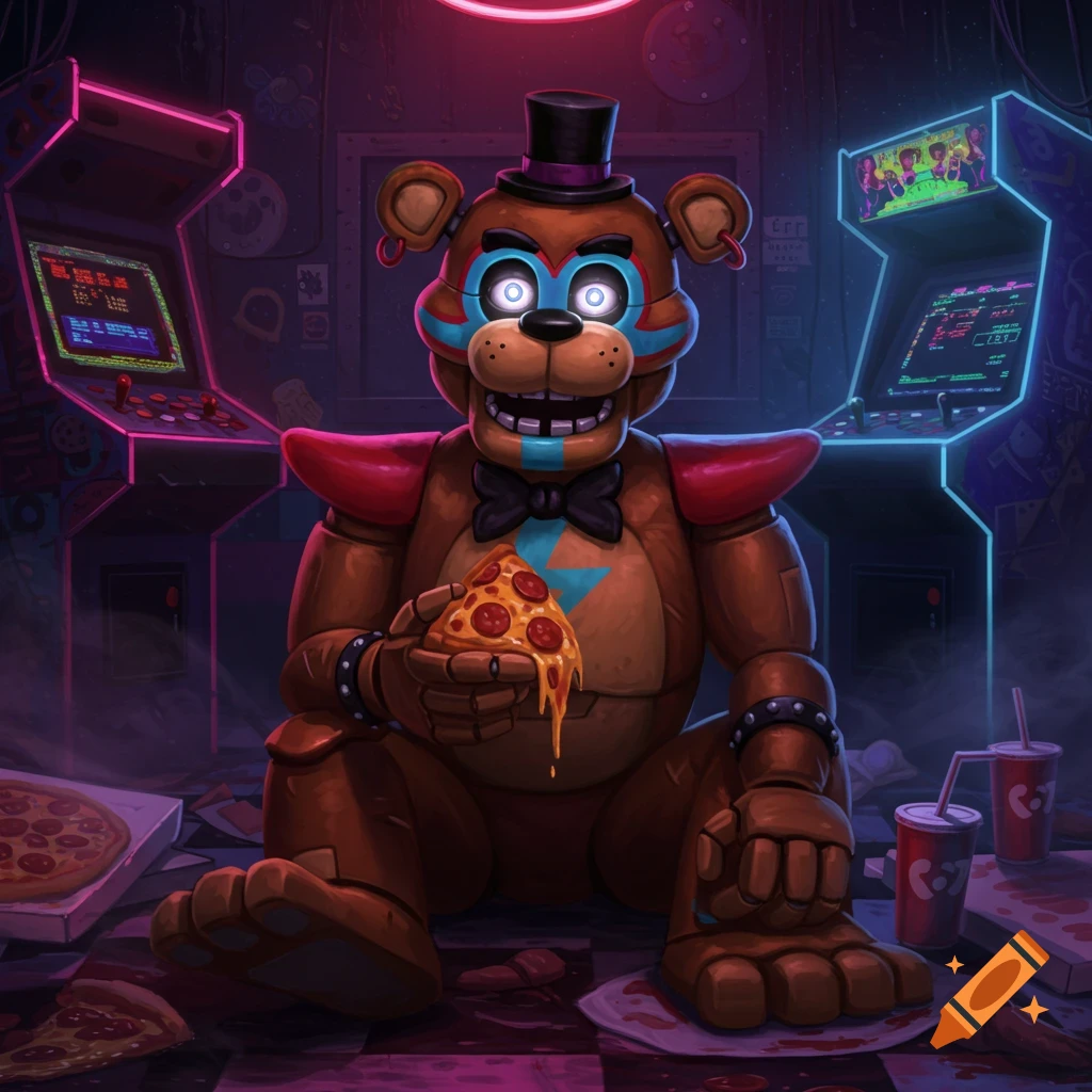 Stylized digital art of Freddy Fazbear eating a slice of pizza while sitting on the floor of a dark, neon-lit arcade.