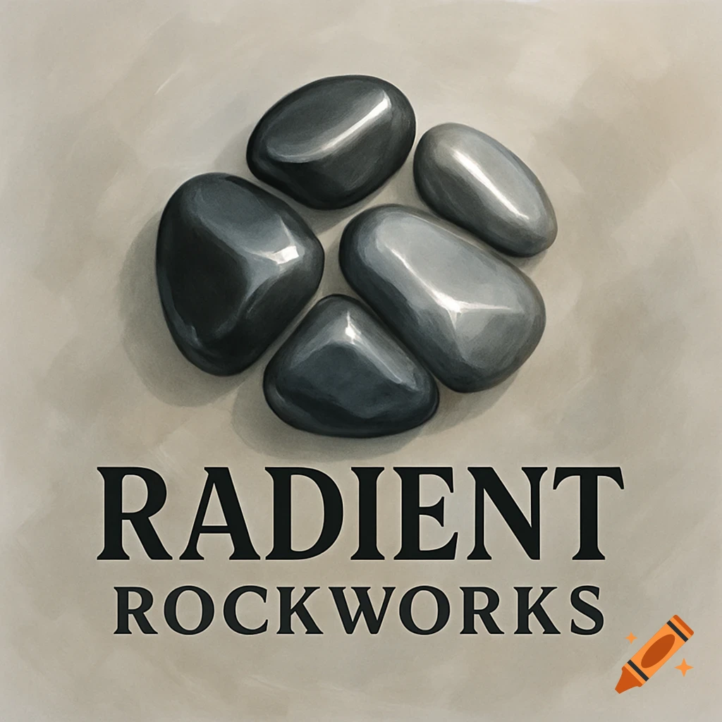 A logo featuring five smooth, dark grey polished rocks above the text 'RADIENT ROCKWORKS' on a light background.