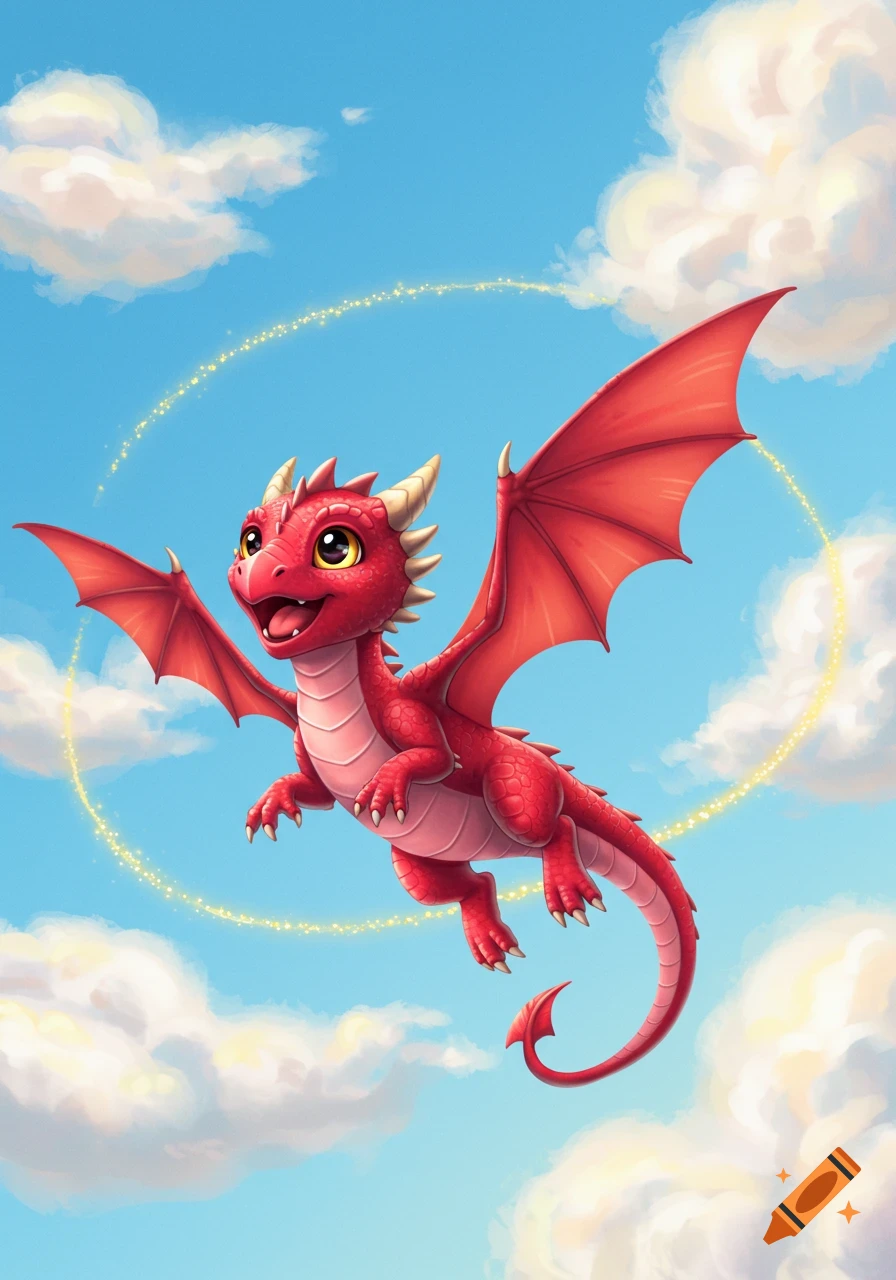 Adorable red dragon with red wings and yellow horns flying happily in a blue sky with white clouds, leaving a trail of golden sparkles.