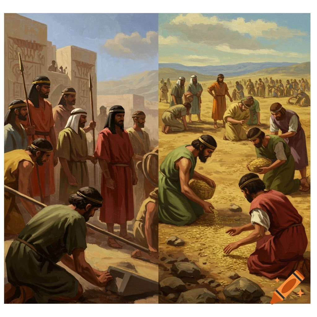 A split image depicting biblical Israelites: on the left in forced labor with taskmasters, and on the right gathering manna.