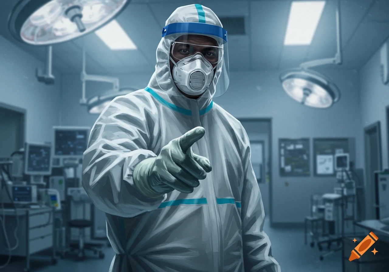 A black man in a white PPE suit, respirator mask, and face shield points forward in a sterile medical room.