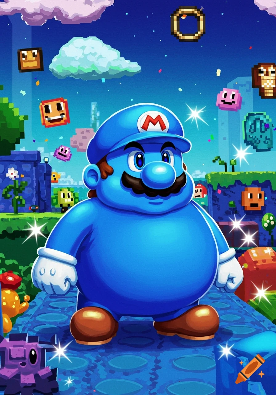A chubby blue Mario-like character with an 'M' hat stands in a vibrant, pixelated video game world with floating blocks and rings.