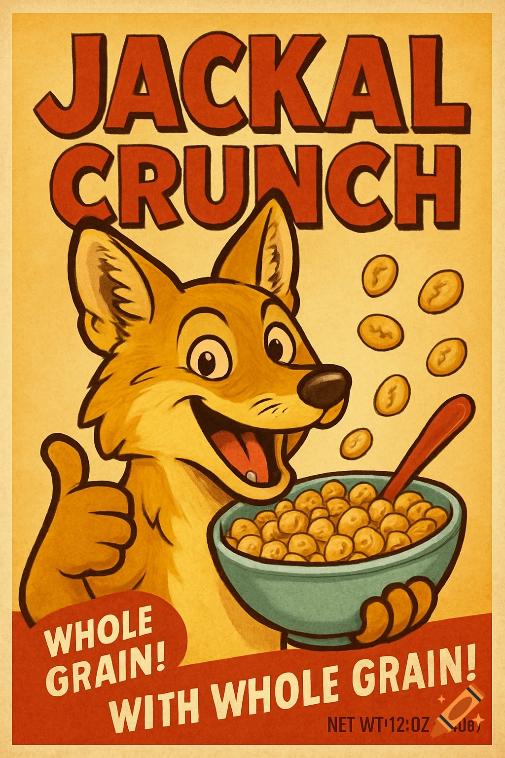 A retro-style cartoon cereal poster featuring a happy golden jackal mascot holding a bowl of cereal, giving a thumbs up. Text reads 'Jackal Crunch' and 'Whole Grain!'.