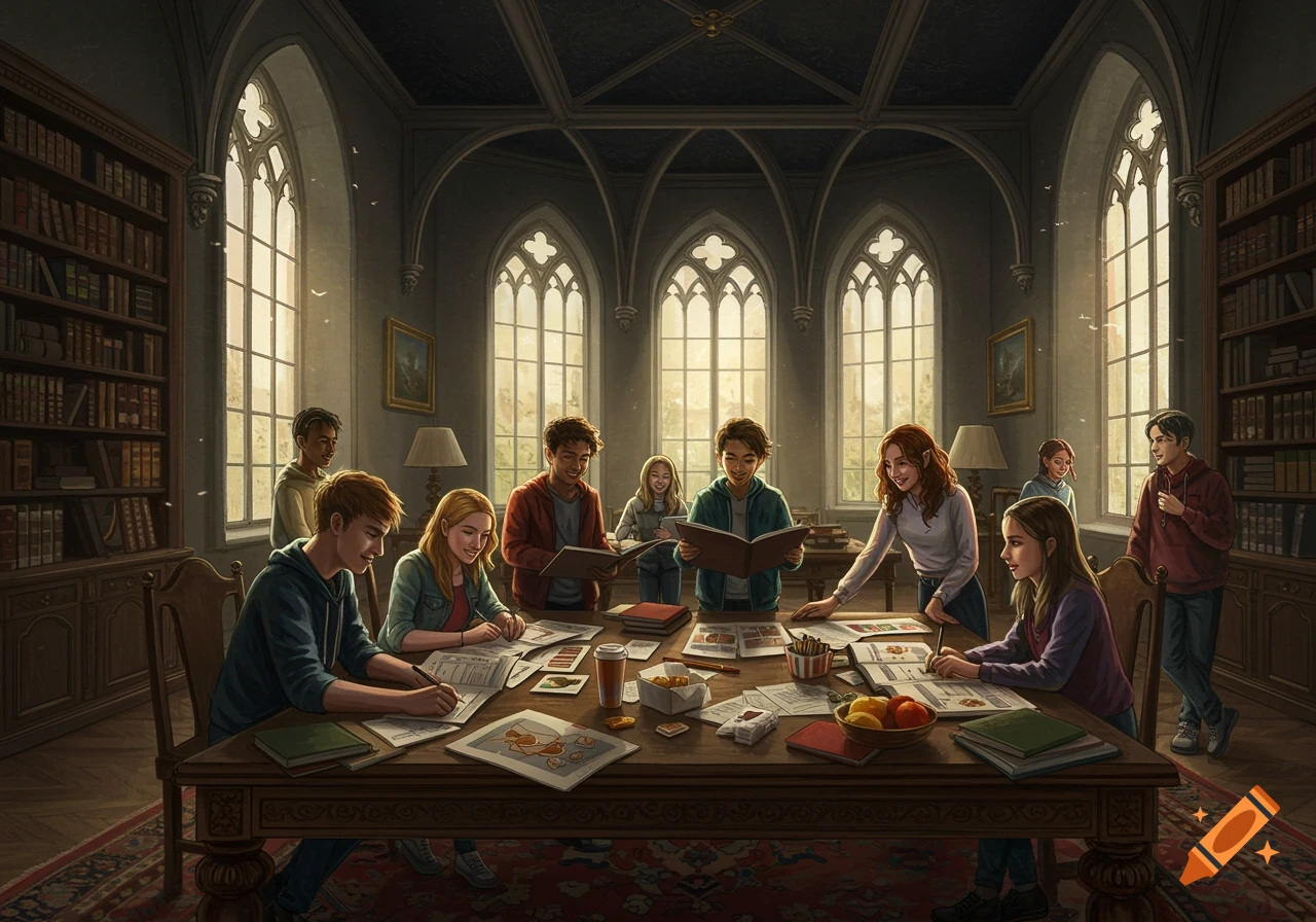 Students gather around a large wooden table in a grand, gothic-style library, studying and working together.