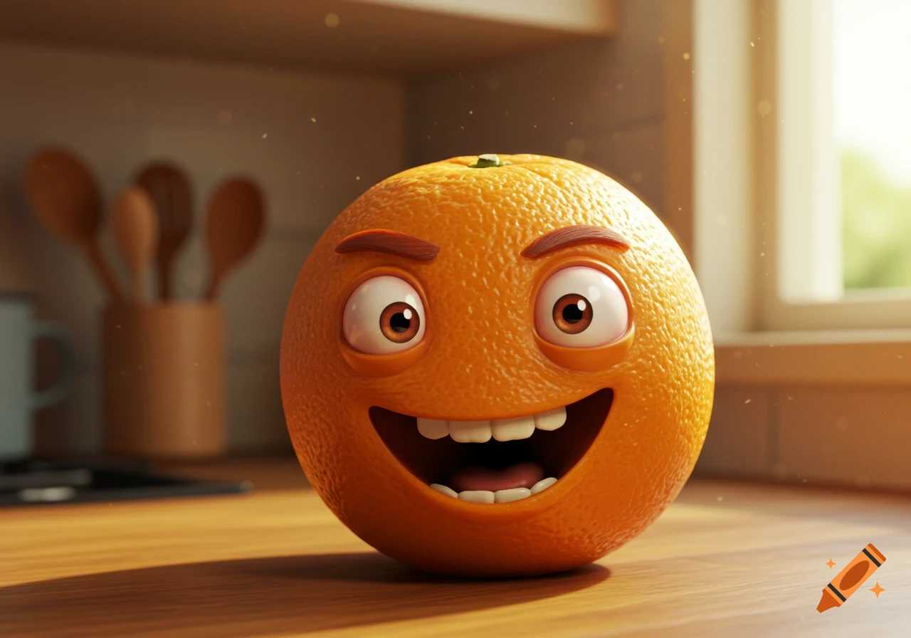 A photorealistic 3D cartoon orange with a wide, smiling face and big eyes on a sunlit kitchen counter.