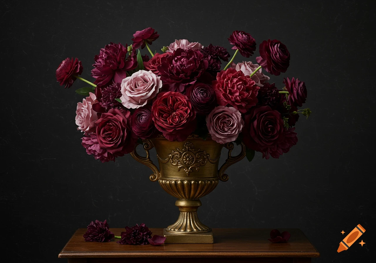 Dramatic bouquet of burgundy, plum, and dusty rose flowers in an ornate gold urn on a wooden table, in a painterly Victorian style.