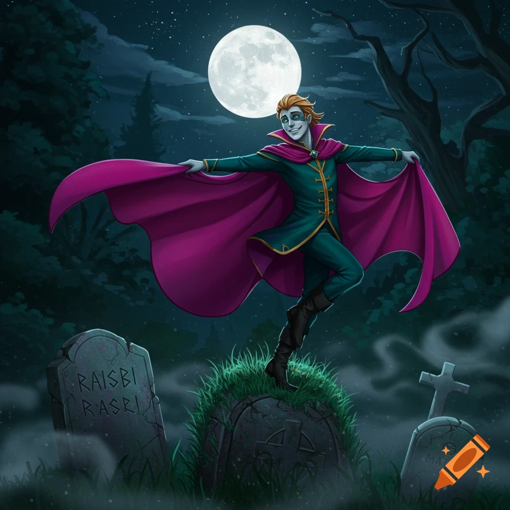 A smiling, pale-skinned character with a green suit and purple cape dances on a gravestone in a moonlit graveyard.