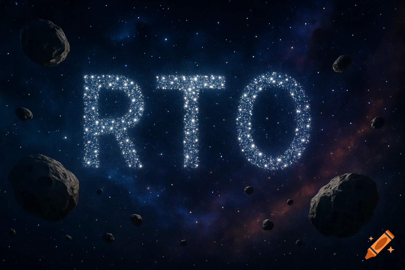 The letters RTO are formed by glowing stars in deep space, surrounded by dark asteroids.