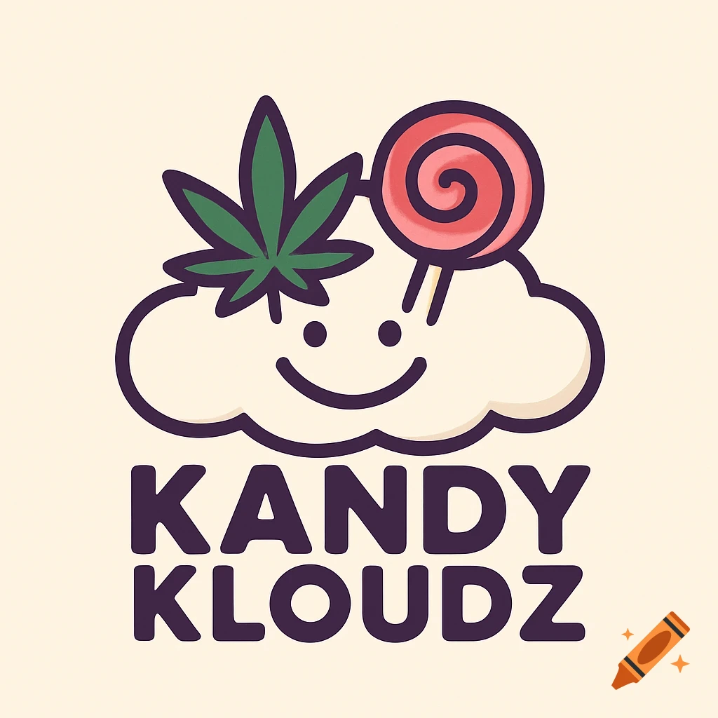 Cartoon logo of a smiling cloud with a cannabis leaf and lollipop on top, with 'KANDY KLOUDZ' text below.
