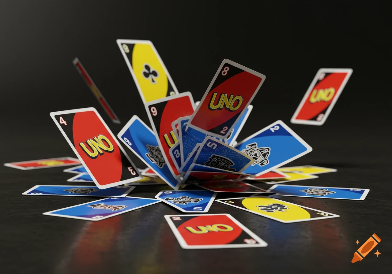 Photorealistic image of a deck of colorful Uno cards exploding outwards and scattering on a dark surface.