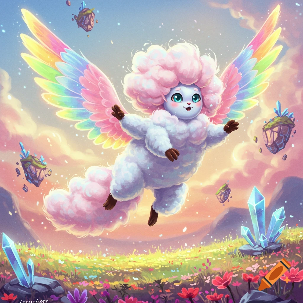 A fluffy white creature with pink hair and rainbow wings flies over a colorful field with flowers, crystals, and floating islands under a pastel sky.