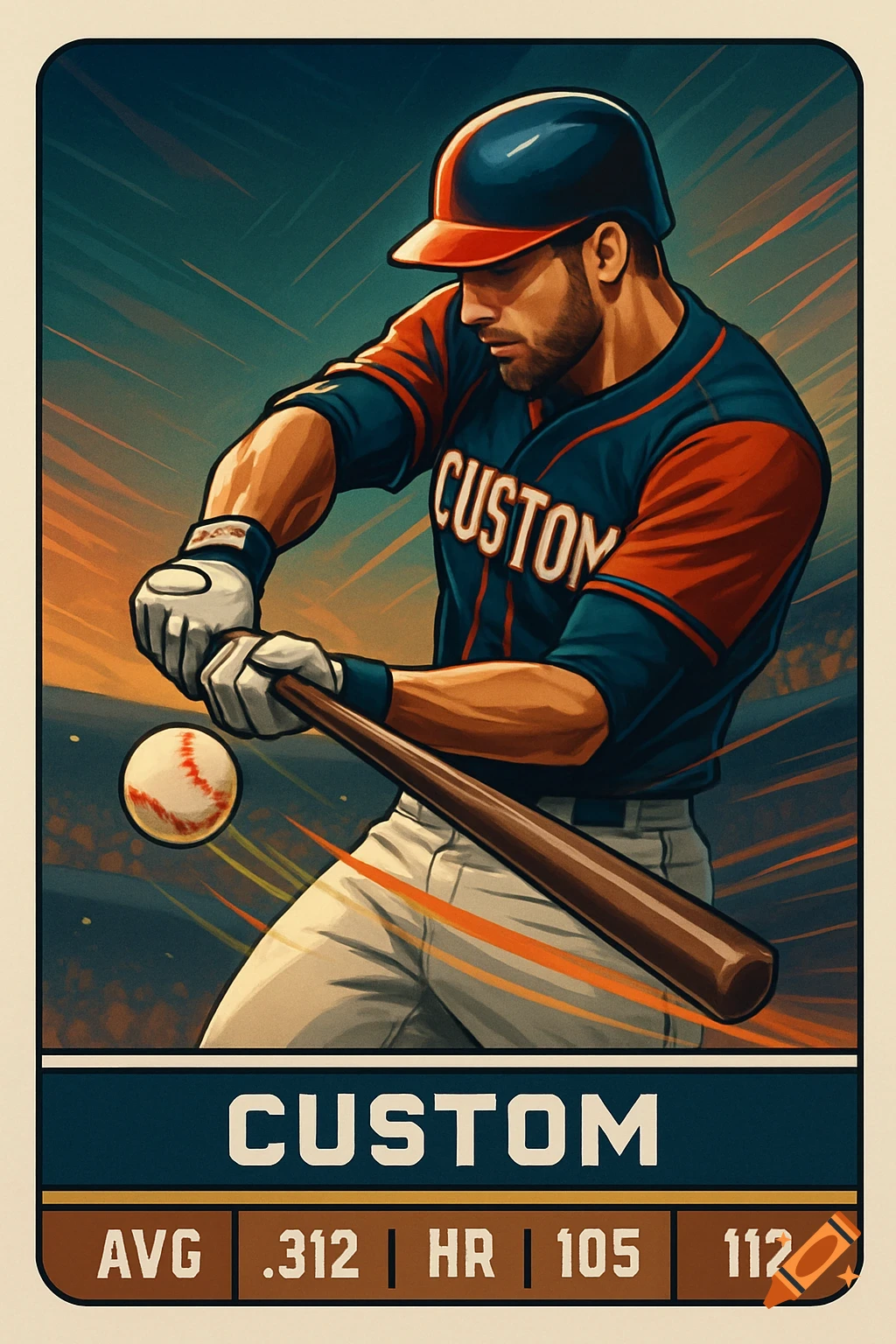 Illustrated baseball card of a male player in blue and orange uniform swinging a bat, with text and stats.