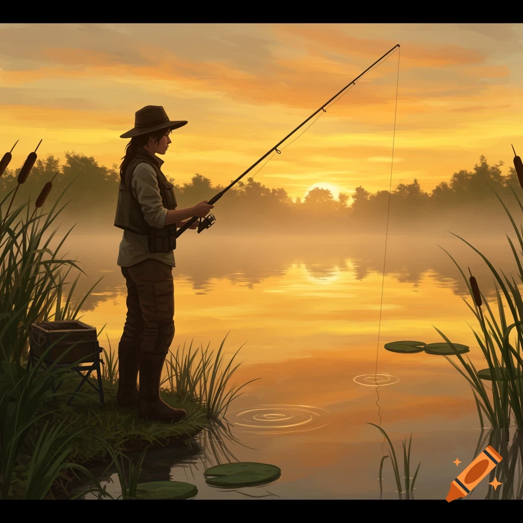 A lone female figure stands on the misty bank of a tranquil lake, fishing at sunset, with golden light reflecting on the water.