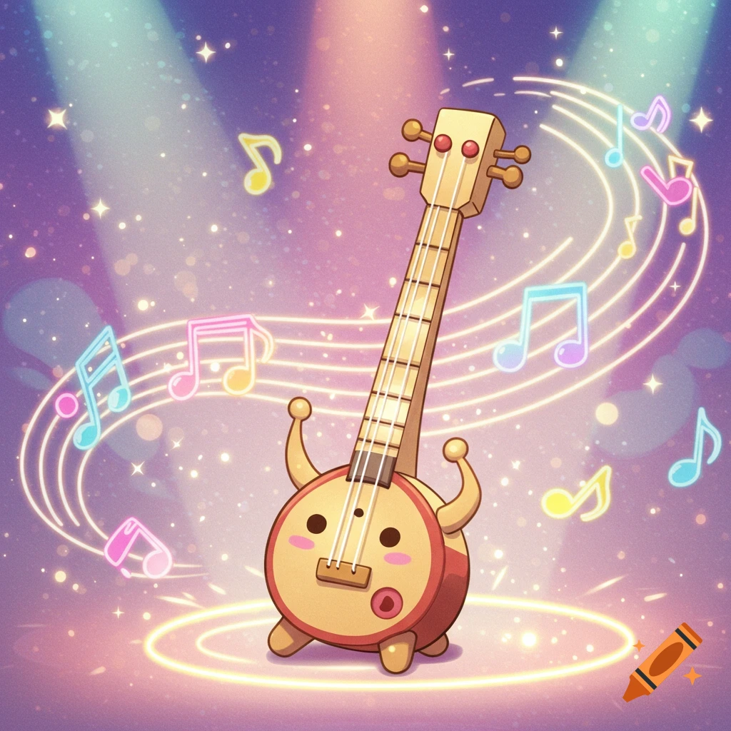 A cute cartoon Otamatone stands on a stage with glowing musical notes and spotlights.