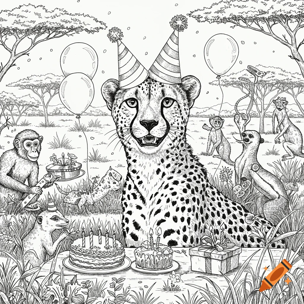 Black and white line art of a cheetah in a party hat surrounded by other animals and birthday cakes.