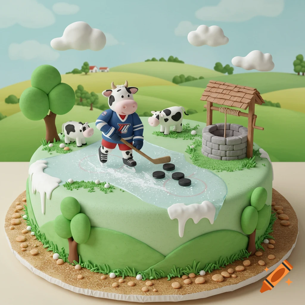 A detailed birthday cake shaped like a farm, featuring rolling green hills, trees, and small cows. A central ice rink has a cow playing hockey.