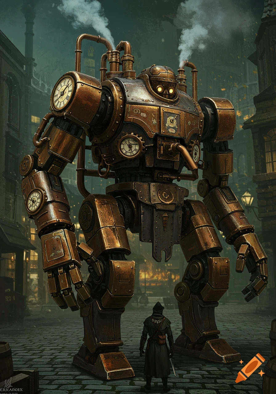 A colossal steampunk clockwork golem with glowing eyes stands on a cobblestone street, towering over a cloaked person.
