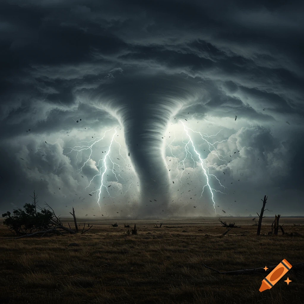 A massive tornado rages over a dry, desolate field, illuminated by powerful lightning strikes under a dark, stormy sky.