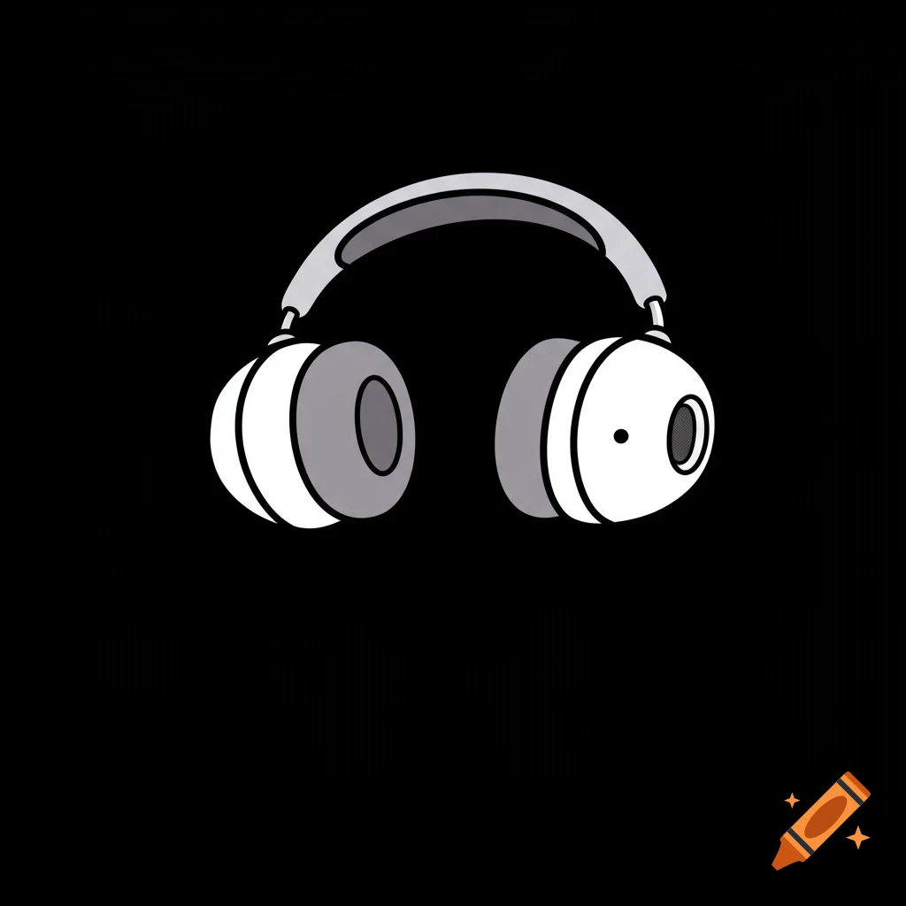 A cartoonish clip art illustration of white and grey headphones on a black background.