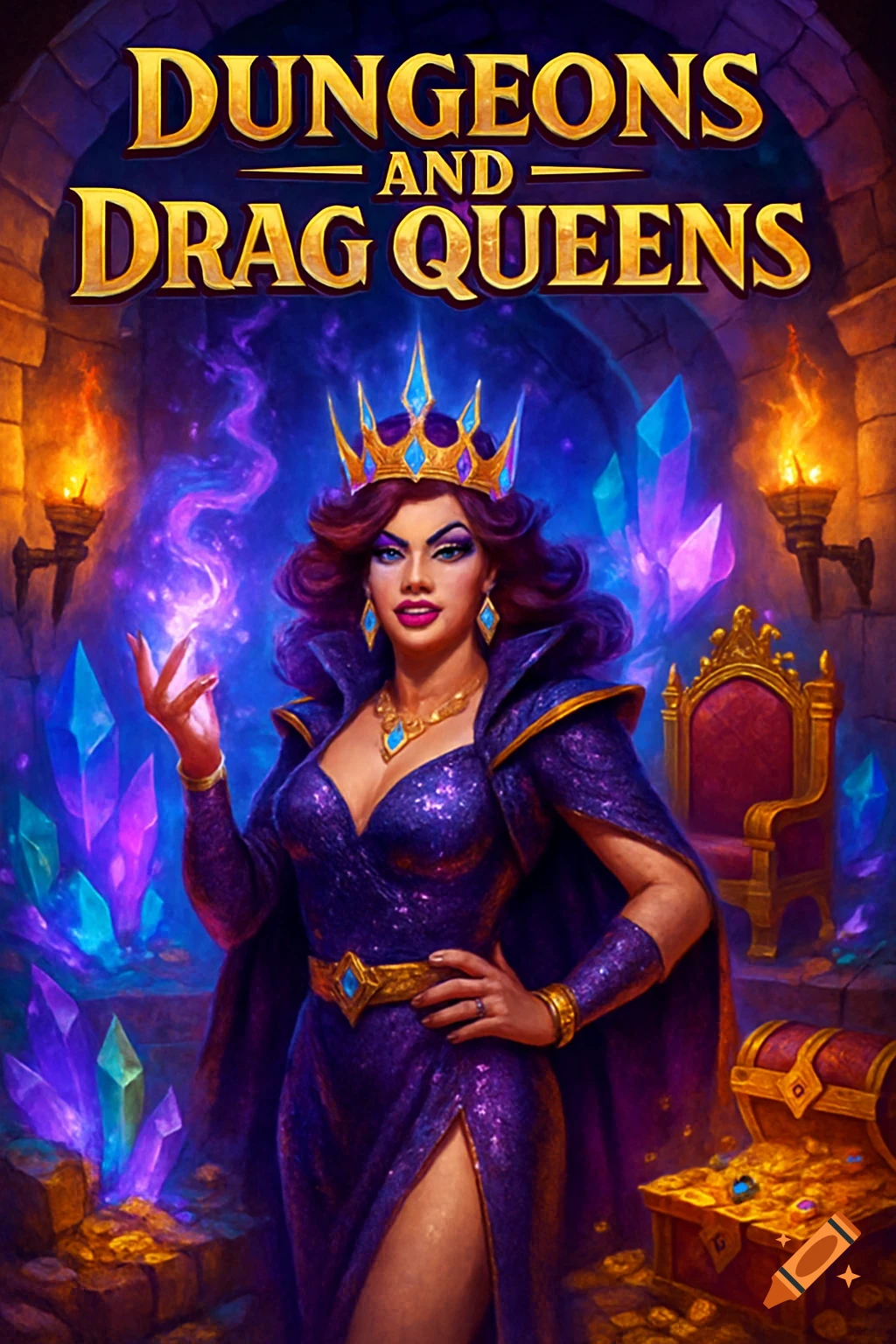 Splash art for "Dungeons and Drag Queens" showing a regal drag queen in a purple gown and crown casting a spell in a dungeon with crystals.
