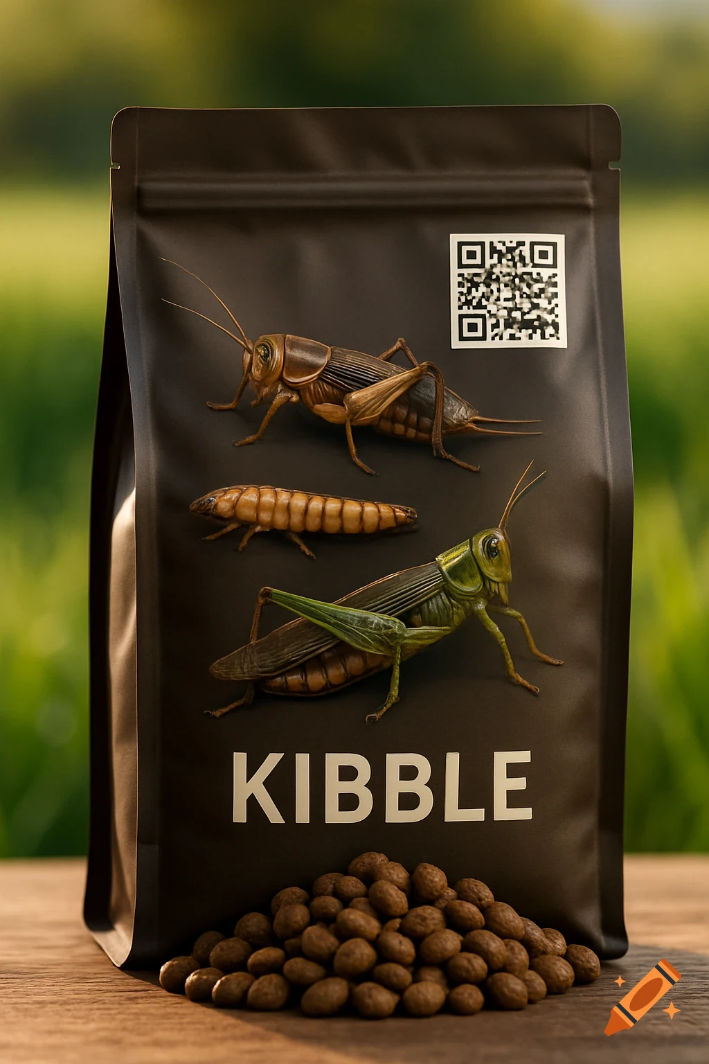 Photorealistic bag of insect protein kibble with crickets and a mealworm on the label, next to a pile of kibble.