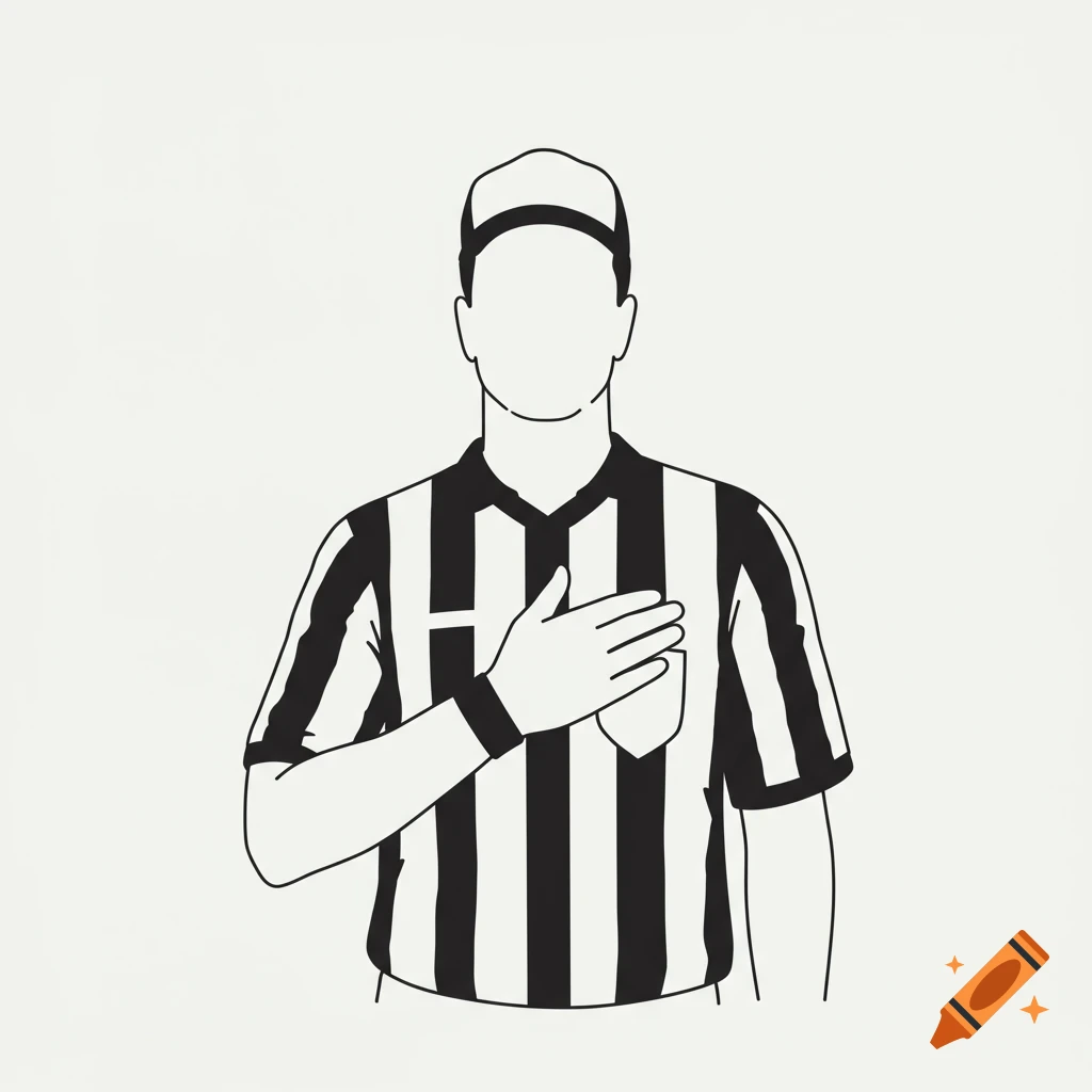 Black and white line art of a football referee with a hat and striped shirt, standing from the waist up with his right hand over his heart.