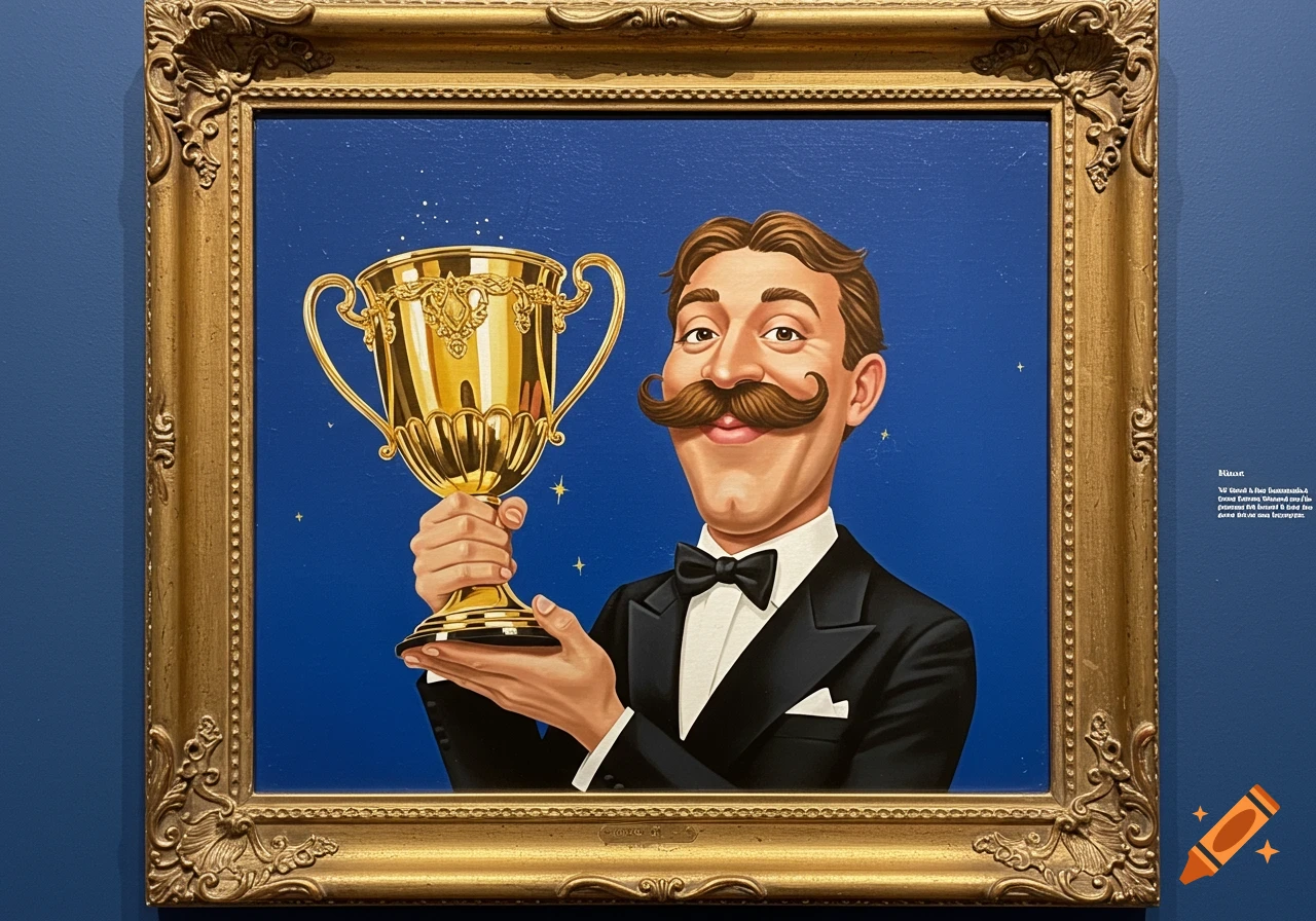 A framed oil painting of a cartoonish man with a large mustache in a tuxedo, holding up a golden trophy against a blue background.
