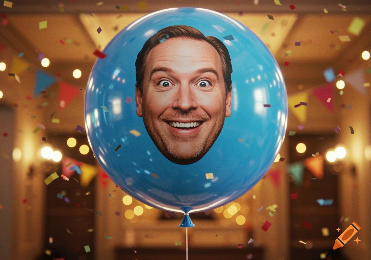 A photorealistic image of a man's smiling face printed on a large blue balloon amidst falling confetti at a party.