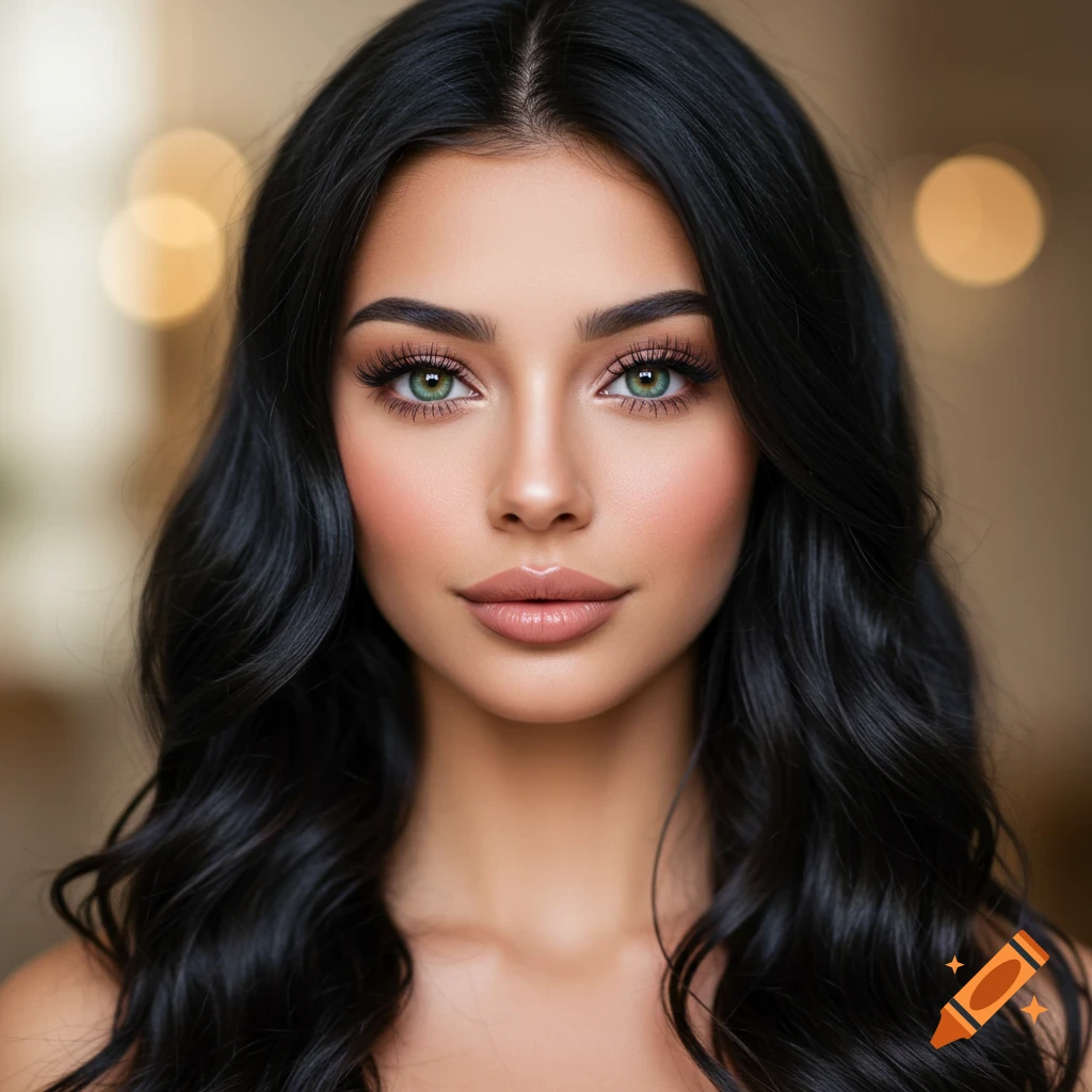 A close-up photorealistic portrait of a woman with long black wavy hair, green eyes, and plump lips.