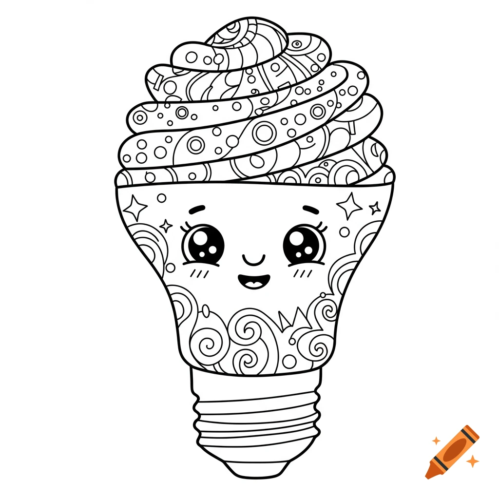 A black and white line art drawing of a cute, smiling light bulb with spiral and circle patterns for a coloring page.