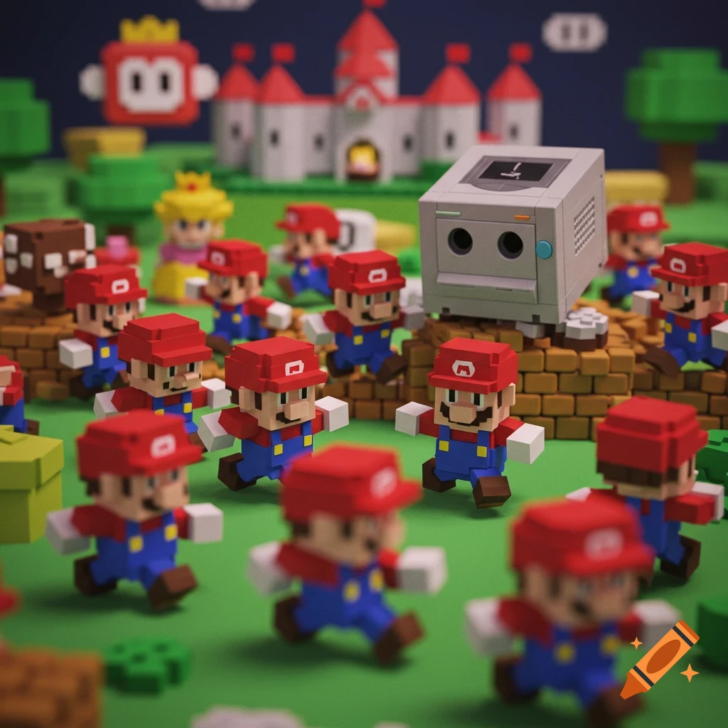 Numerous blocky Mario figures run across a green landscape towards Princess Peach's castle, with a GameCube console in the foreground, all in a low-poly style.