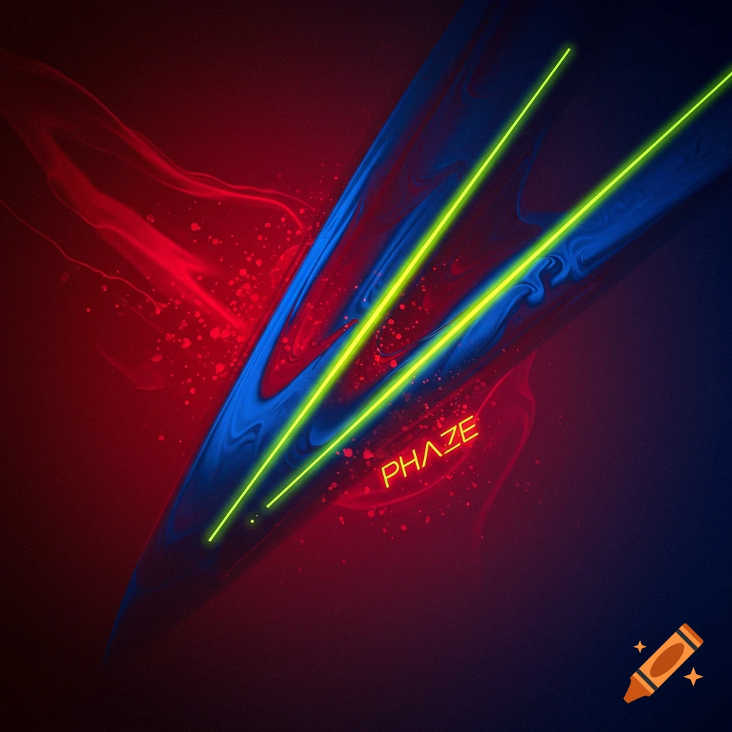 Abstract digital art featuring swirling red and blue patterns, accented by bright neon yellow lines and the word 'PHAZE'.