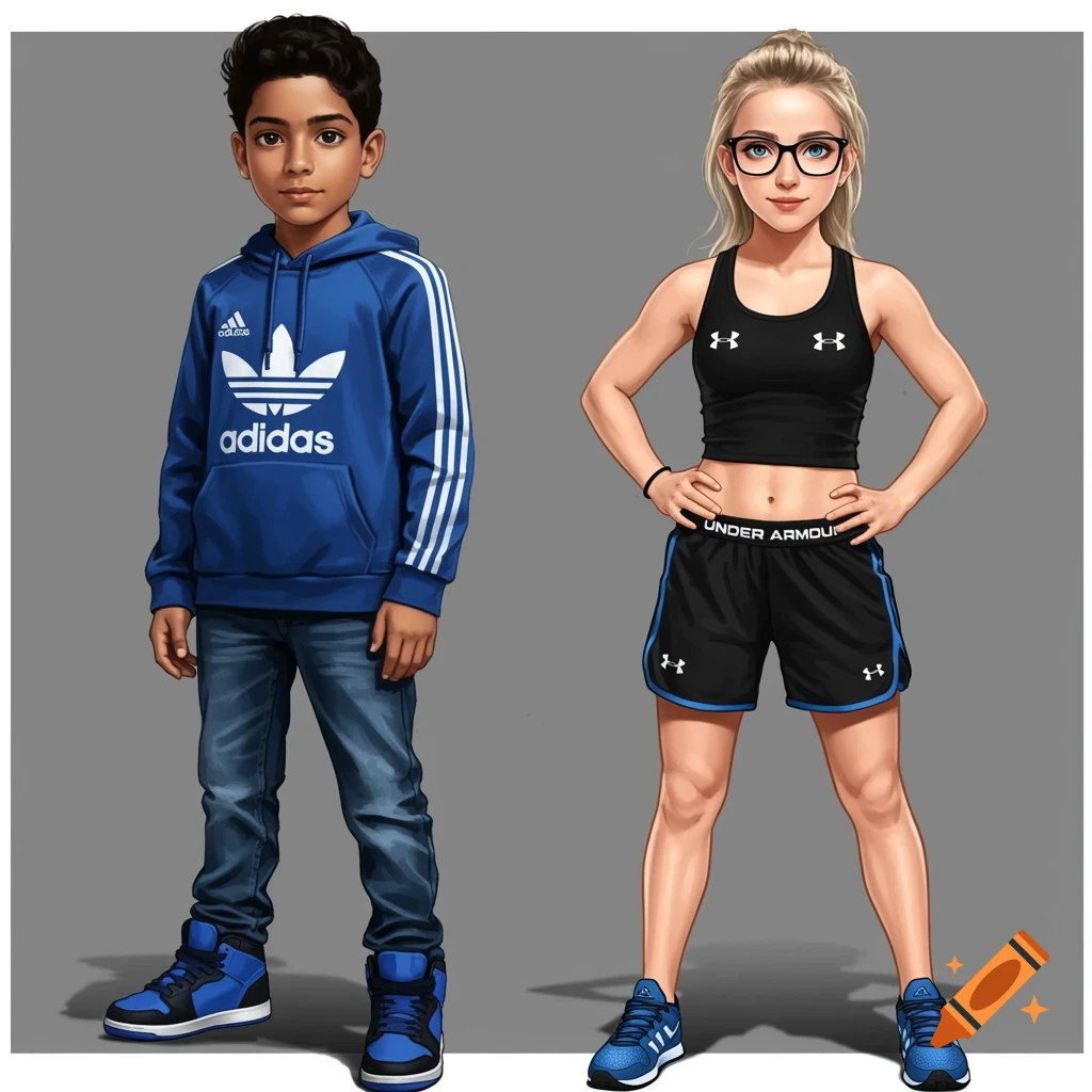 Full-body cartoon illustration of a boy in a blue Adidas hoodie and jeans, next to a girl in black Under Armour sportswear and glasses.