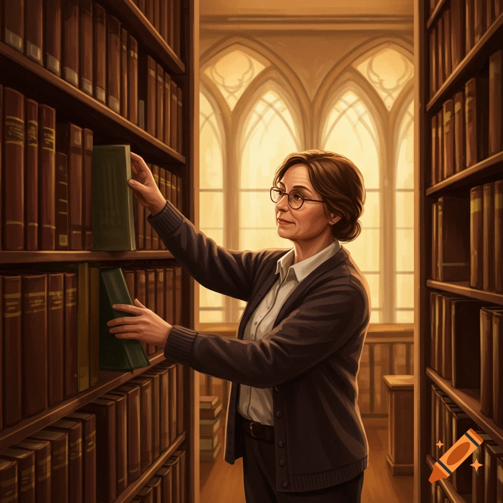 A woman with glasses reaches for a book on a tall shelf in a grand library with arched windows.