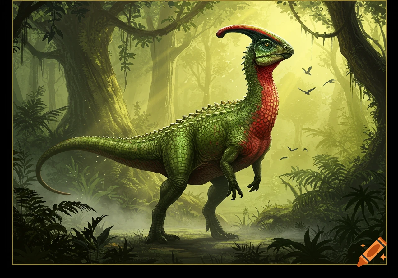 A vibrant green and red dinosaur with a head crest stands in a lush, misty jungle.