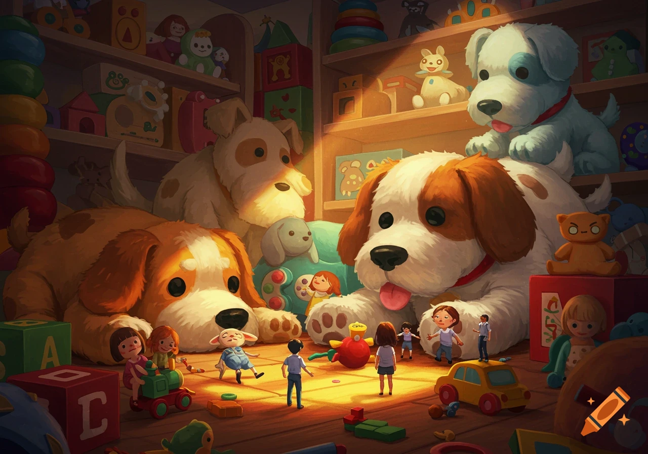 Giant plush dogs tower over tiny children playing with toys and building blocks in a cozy, sunlit playroom.