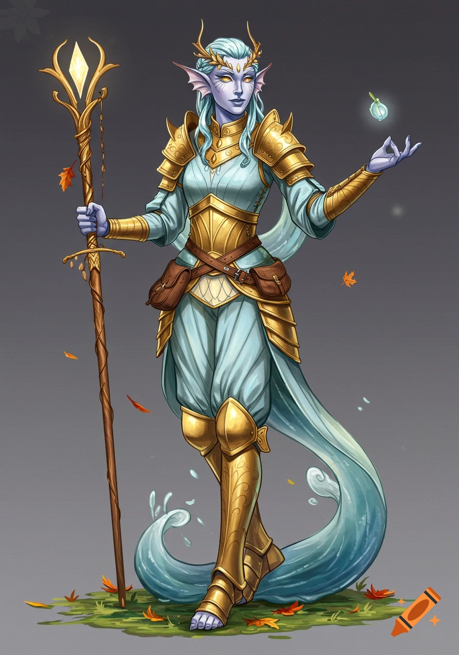A female triton archfey warlock in light blue and gold armor, holding a staff with a crystal, and summoning a glowing orb. Autumn leaves fall around her.