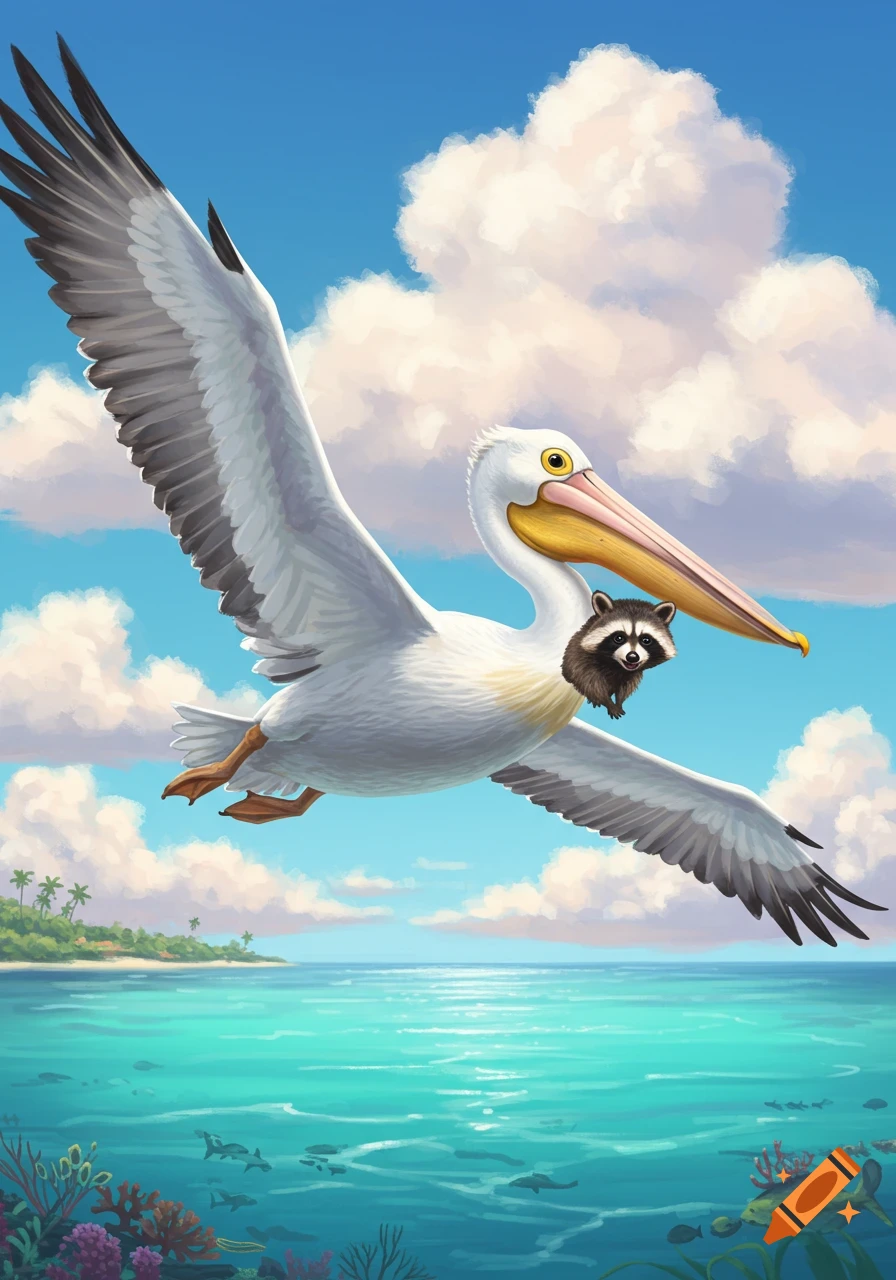 A white pelican flies high above a tropical ocean, carrying a raccoon in its large beak. An island and coral reef are below.