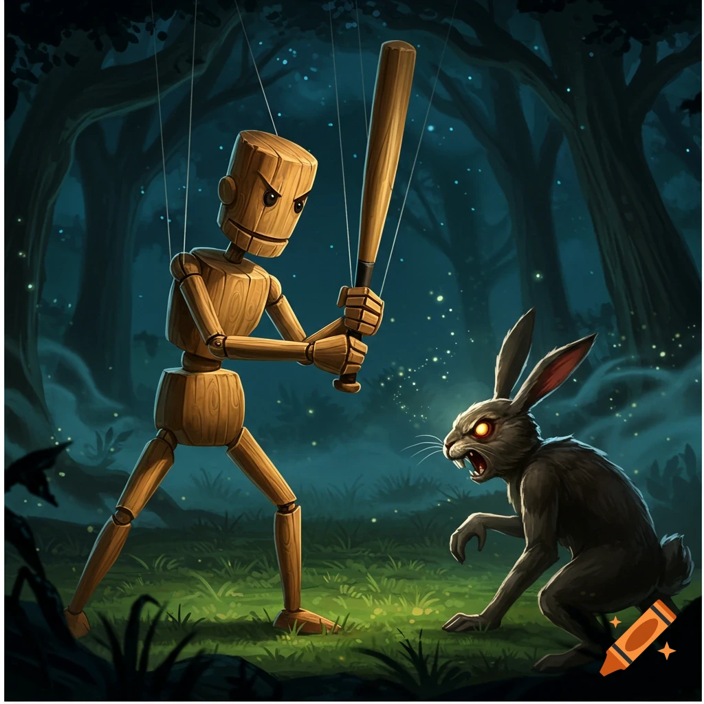 A wooden puppet wielding a baseball bat confronts an angry rabbit in a dark, glowing forest. Stylized illustration.