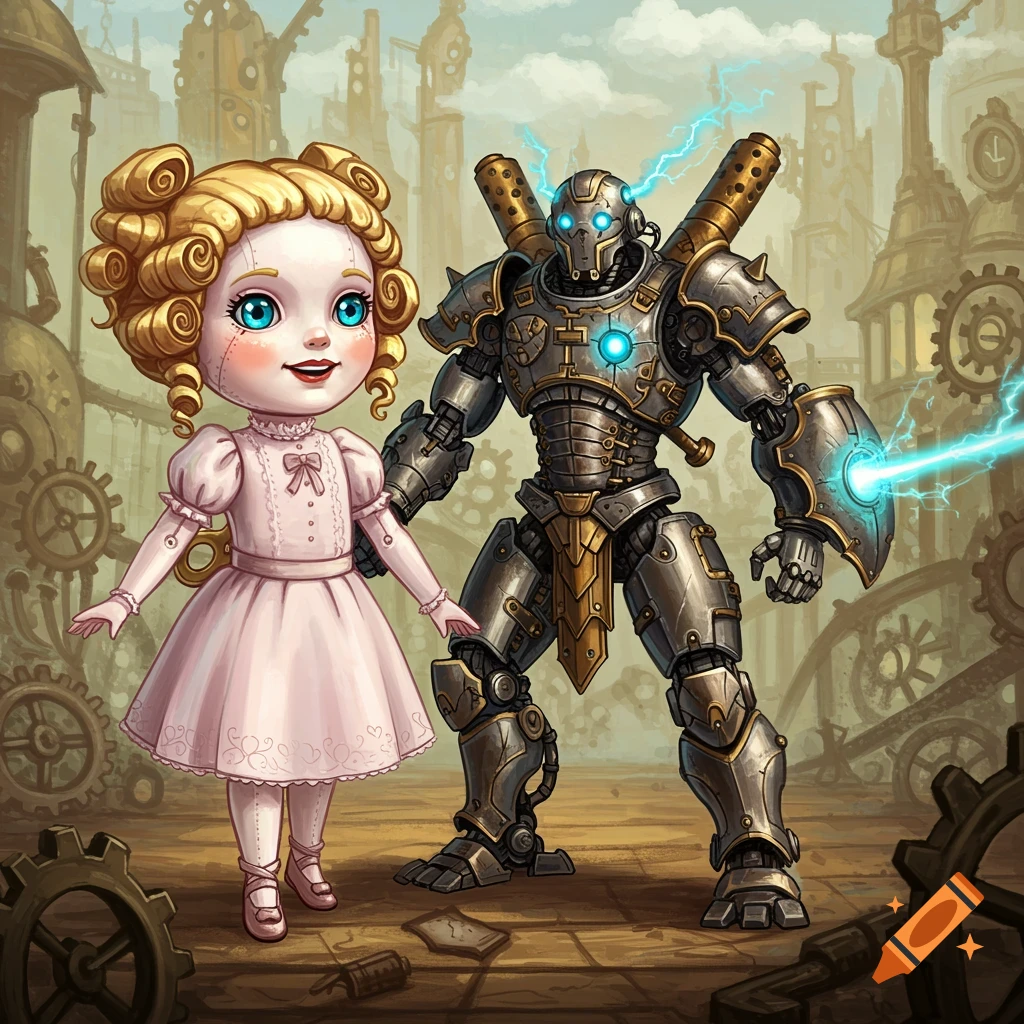 A charming doll and a powerful warforged robot stand in a steampunk city with gears and industrial structures.