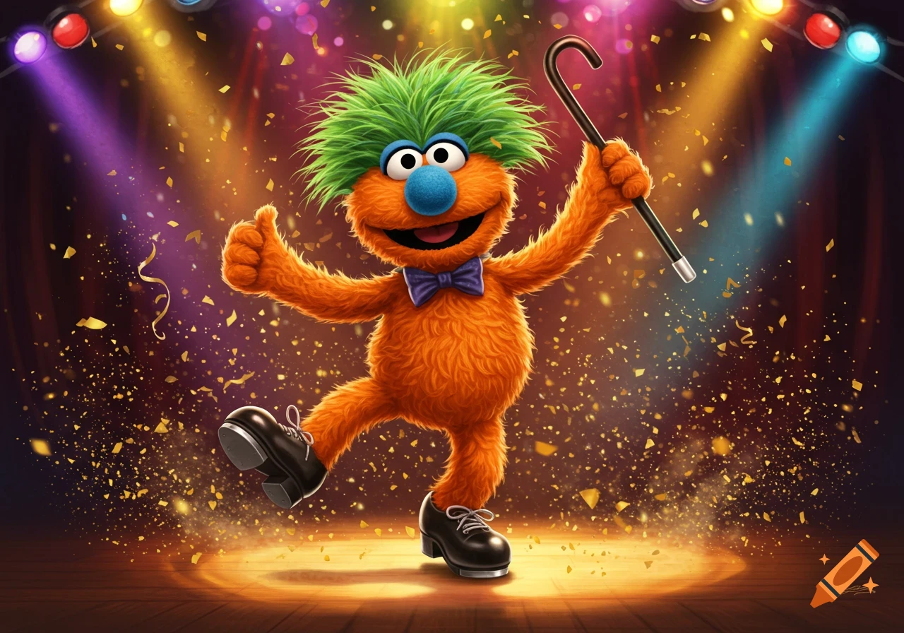 An orange muppet with green hair, a blue nose, tap shoes, and a cane, standing on a stage with confetti and spotlights.